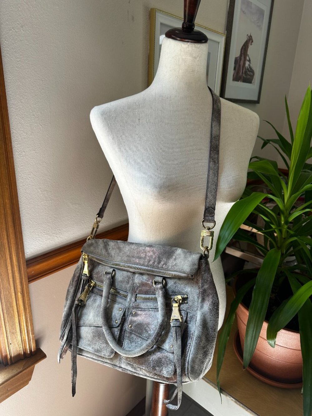 Aimee Kestenberg Satchel, Gray/Brown with Metallic Accents, EUC